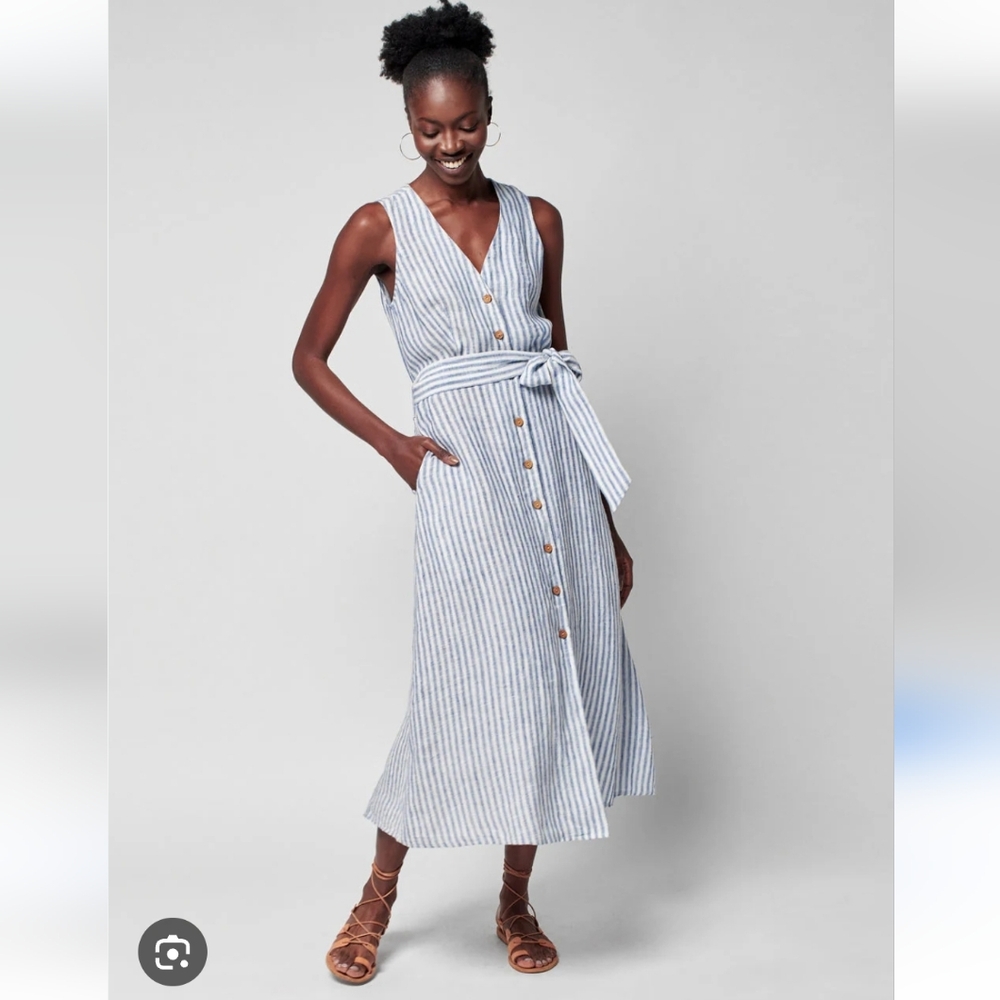 Faherty Margaux Linen Midi Dress Seaside Blue Low Tide Stripe Womens Size S New